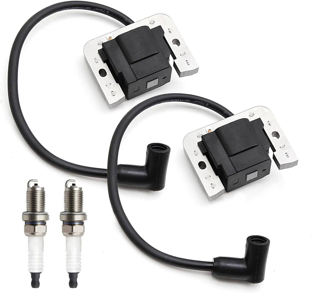 Pair of ignition coil modules with black leads and two spark plugs, chrome tips