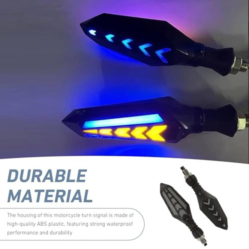 Motorcycle LED turn signal light, black housing showing blue arrow lights and yellow indicators