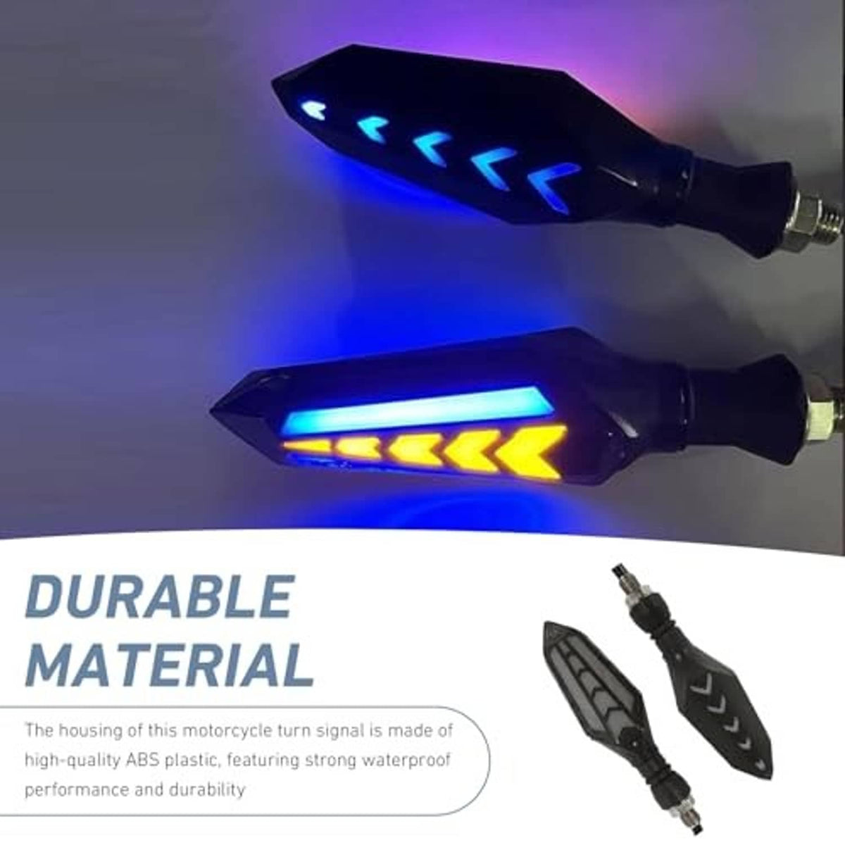 Motorcycle LED turn signal light, black housing showing blue arrow lights and yellow indicators
