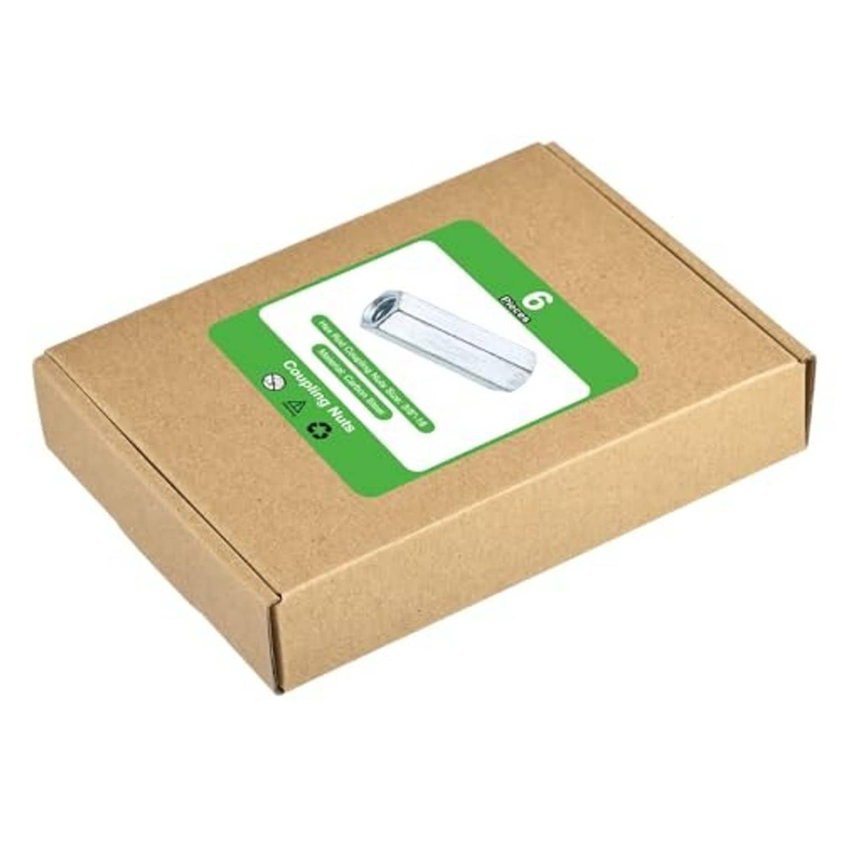 Cardboard package containing six galvanized hex coupling nuts with internal threads