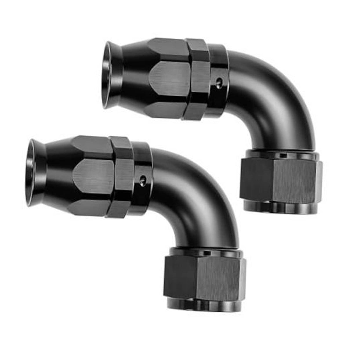 Black 90-degree AN hose fitting with hex coupler ends and curved elbow connector