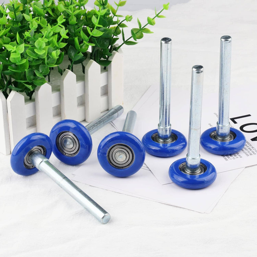 Pack of blue garage door rollers with silver stems and sealed metal centers