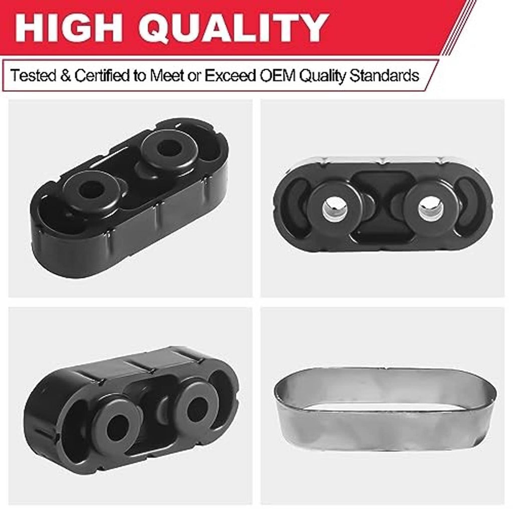 Black exhaust muffler hanger insulator set with metal base plate and rubber grommets