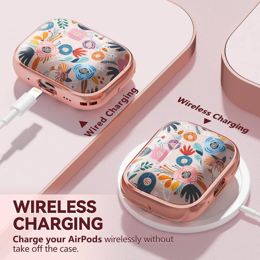 Inesore AirPods case with pink floral print and rose-gold clear frame, wireless charging
