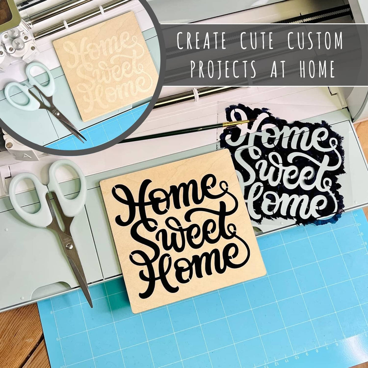 Home Sweet Home stencil templates on tan paper, with crafting tools