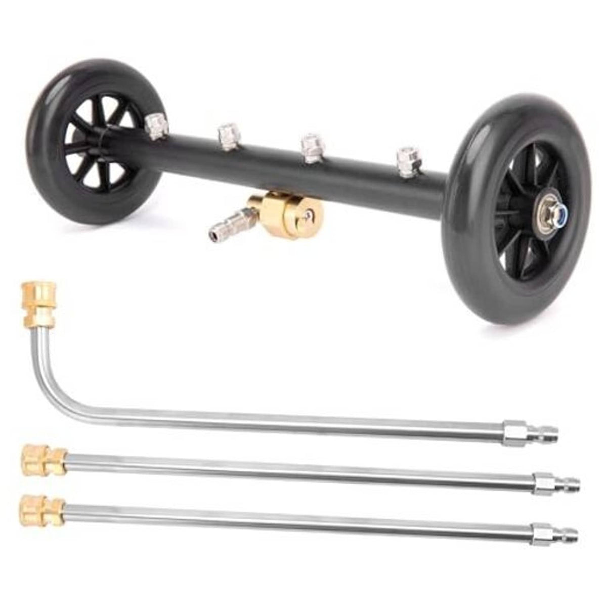 Undercarriage pressure washer attachment with black wheels and brass quick-connect fittings