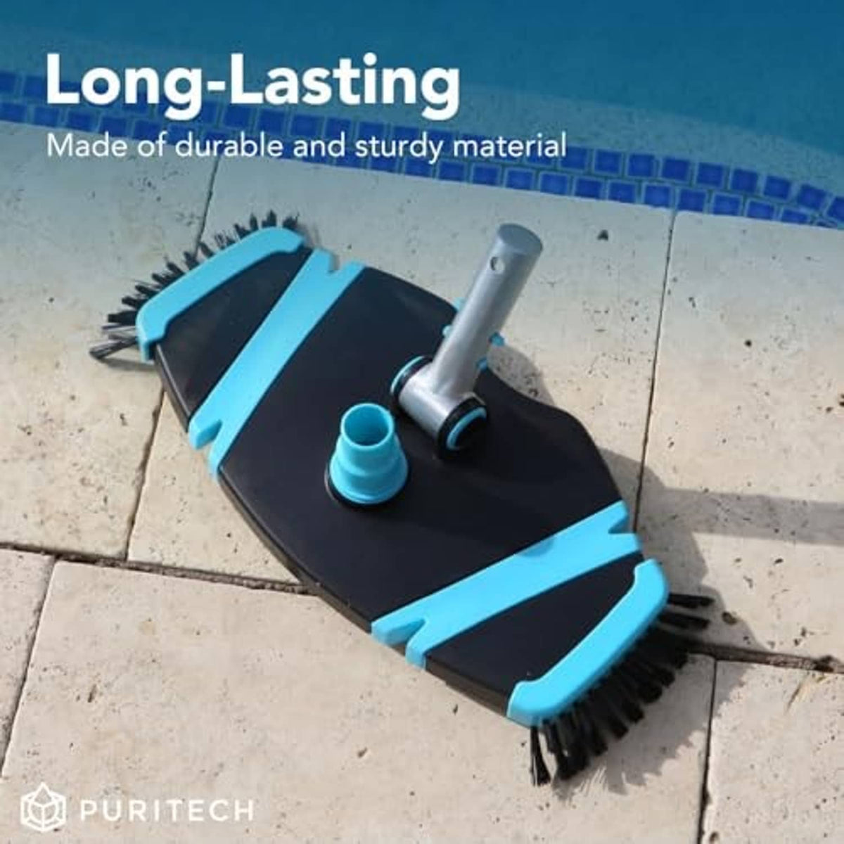 Rectangular pool vacuum head with bristle brushes, black-and-blue housing, hose cuff