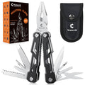 Black stainless 16-in-1 folding multitool with safety lock and black fabric holster