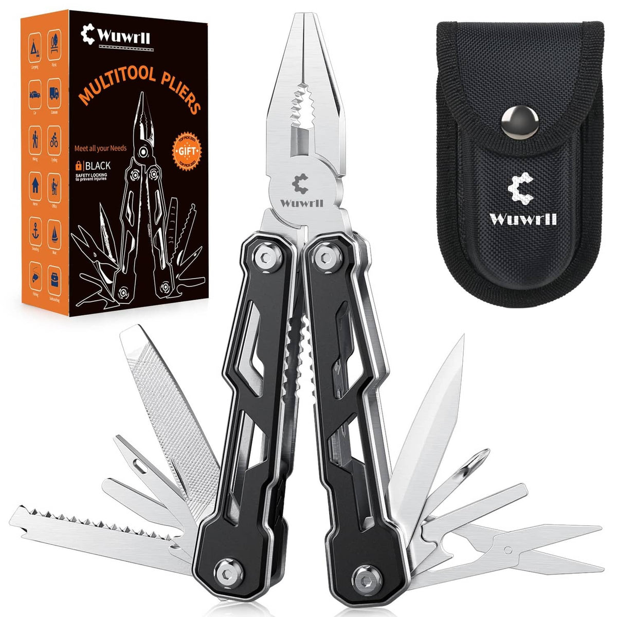Black stainless 16-in-1 folding multitool with safety lock and black fabric holster