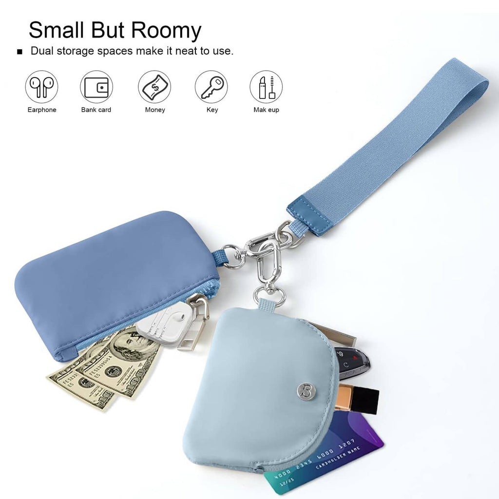 Dual pouch wristlet with two blue pouches, keyrings, and attached wrist strap