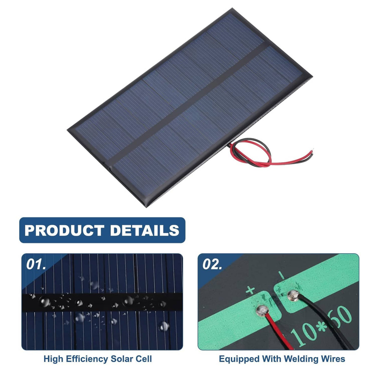 Rectangular solar panel with black frame, blue cells, and red wiring