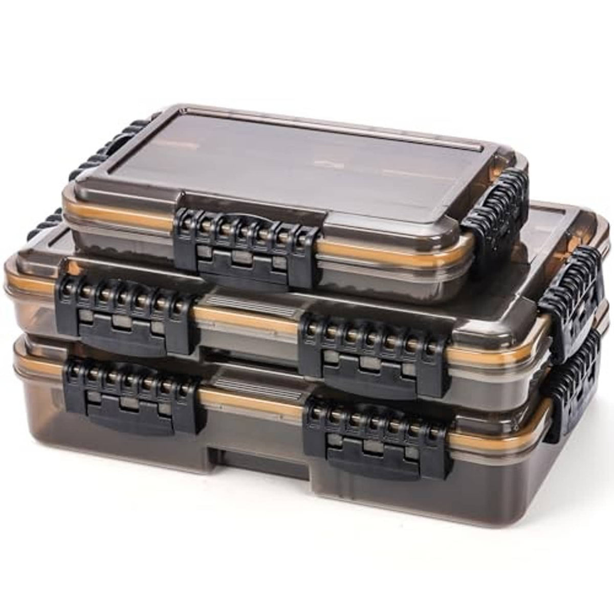 3-pack waterproof fishing tackle boxes stacked, clear smoked lids with black latch clips
