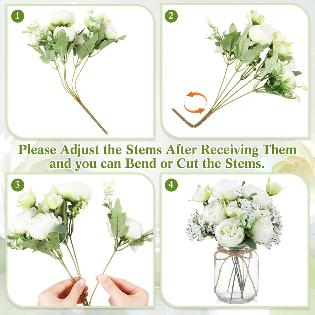 Artificial white rose and green foliage stems with bendable wired stems