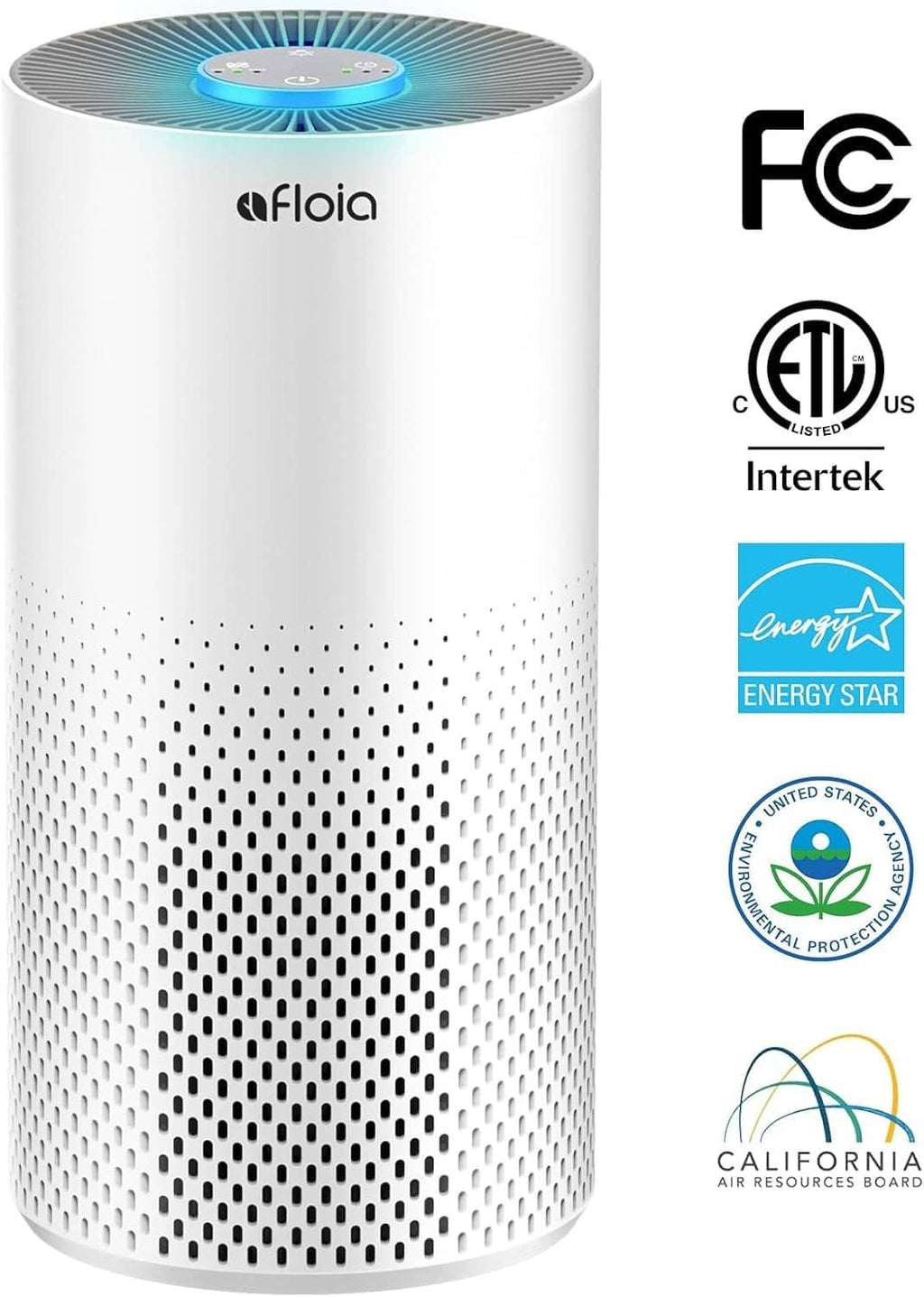 White air purifier cylinder with blue LED fan top and perforated air vents
