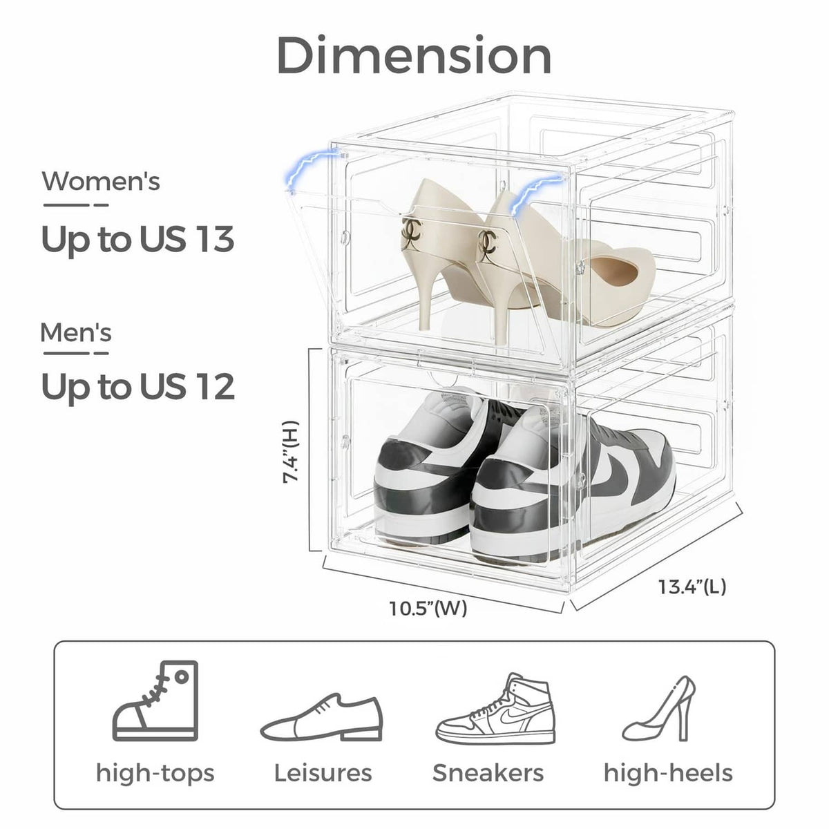 Clear shoe storage box with stackable compartments, shown with footwear inside