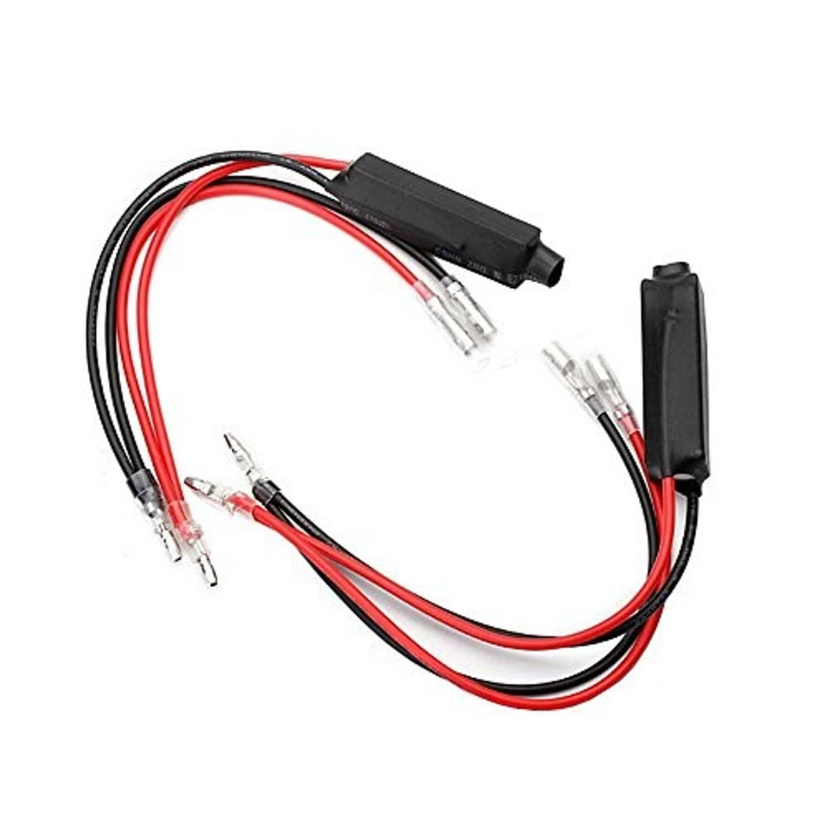 Motorcycle LED load resistor harness with black blocks and red/black wires, clear terminals