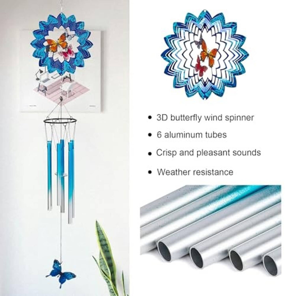 Blue wind chime set with 3D blue flower topper, butterfly accents, and 6 aluminum tubes