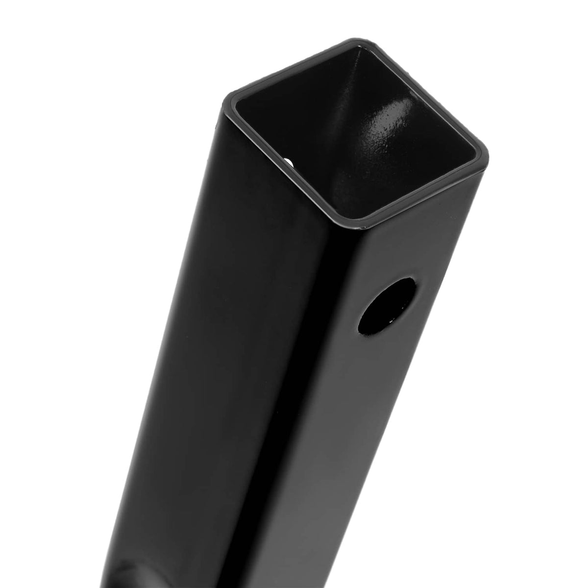Black steel front roof support strut with mounting hole and open square end
