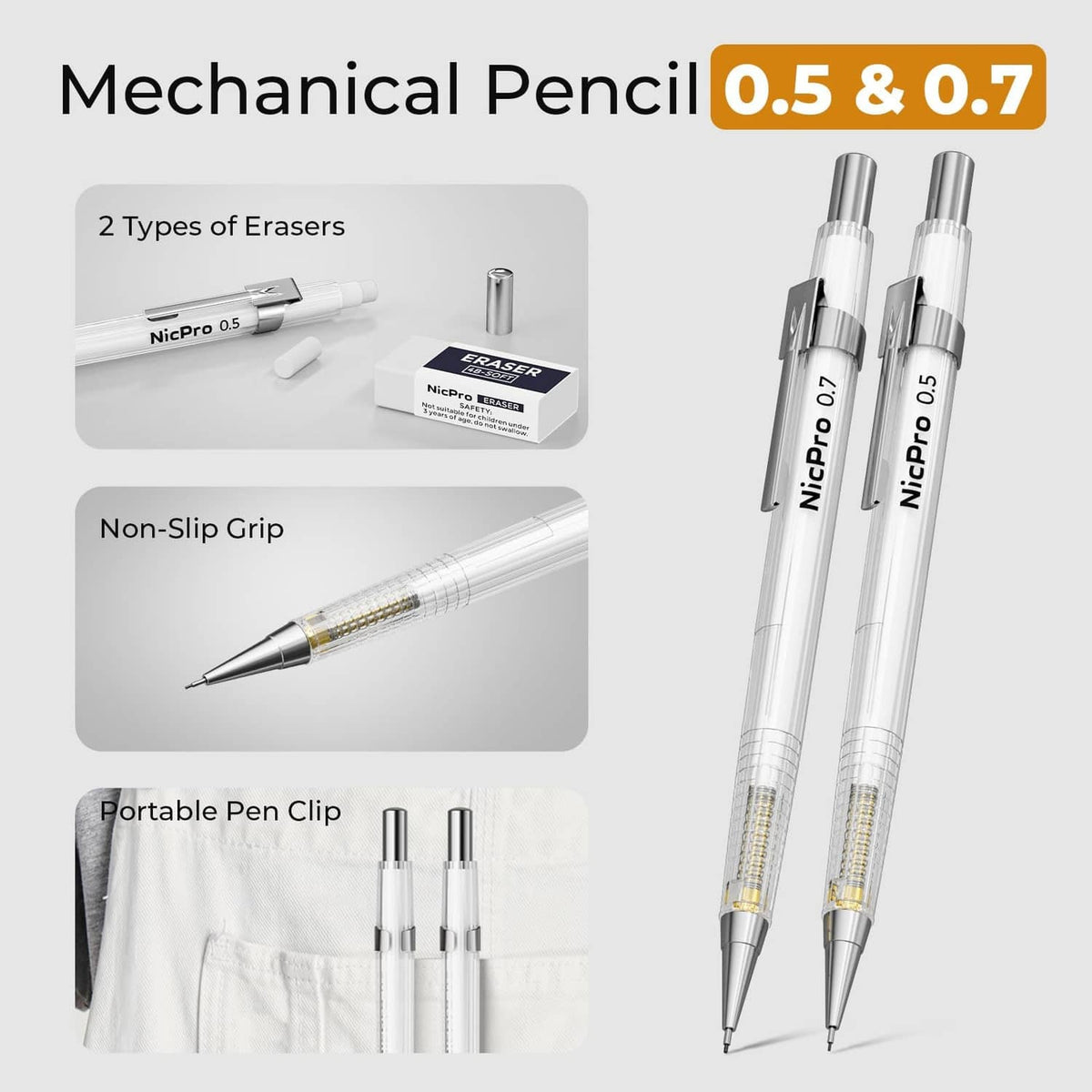 Dual-tip mechanical pencils (0.5 & 0.7), pencil sharpener and erasers for drafting