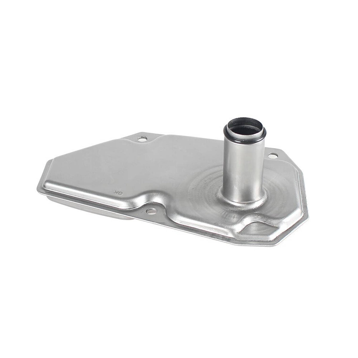 Transmission oil pan filter housing with spout and outlet tube, silver metal