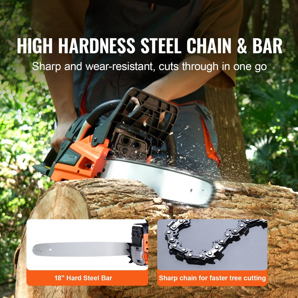 18-inch gas chainsaw with orange and black housing cutting a log