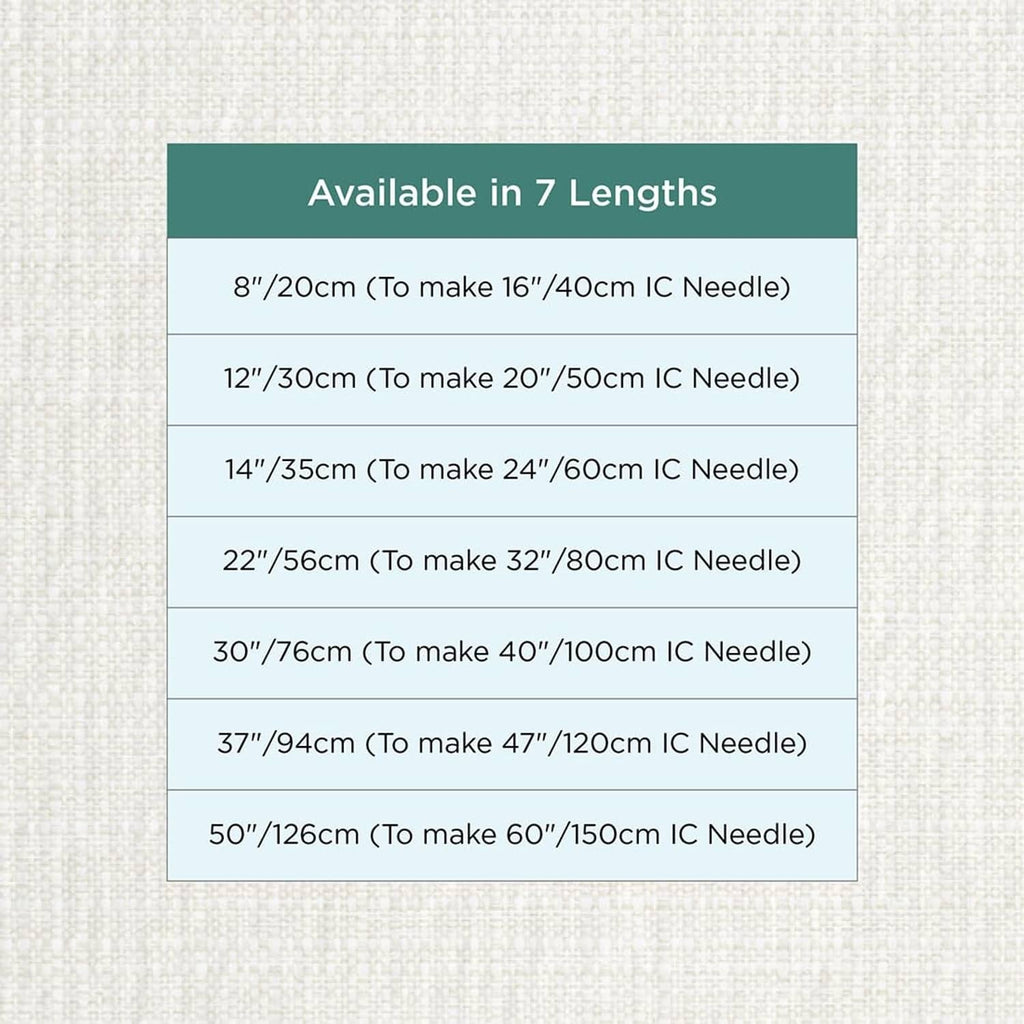 Available 360° swivel cable length options for interchangeable knitting needles