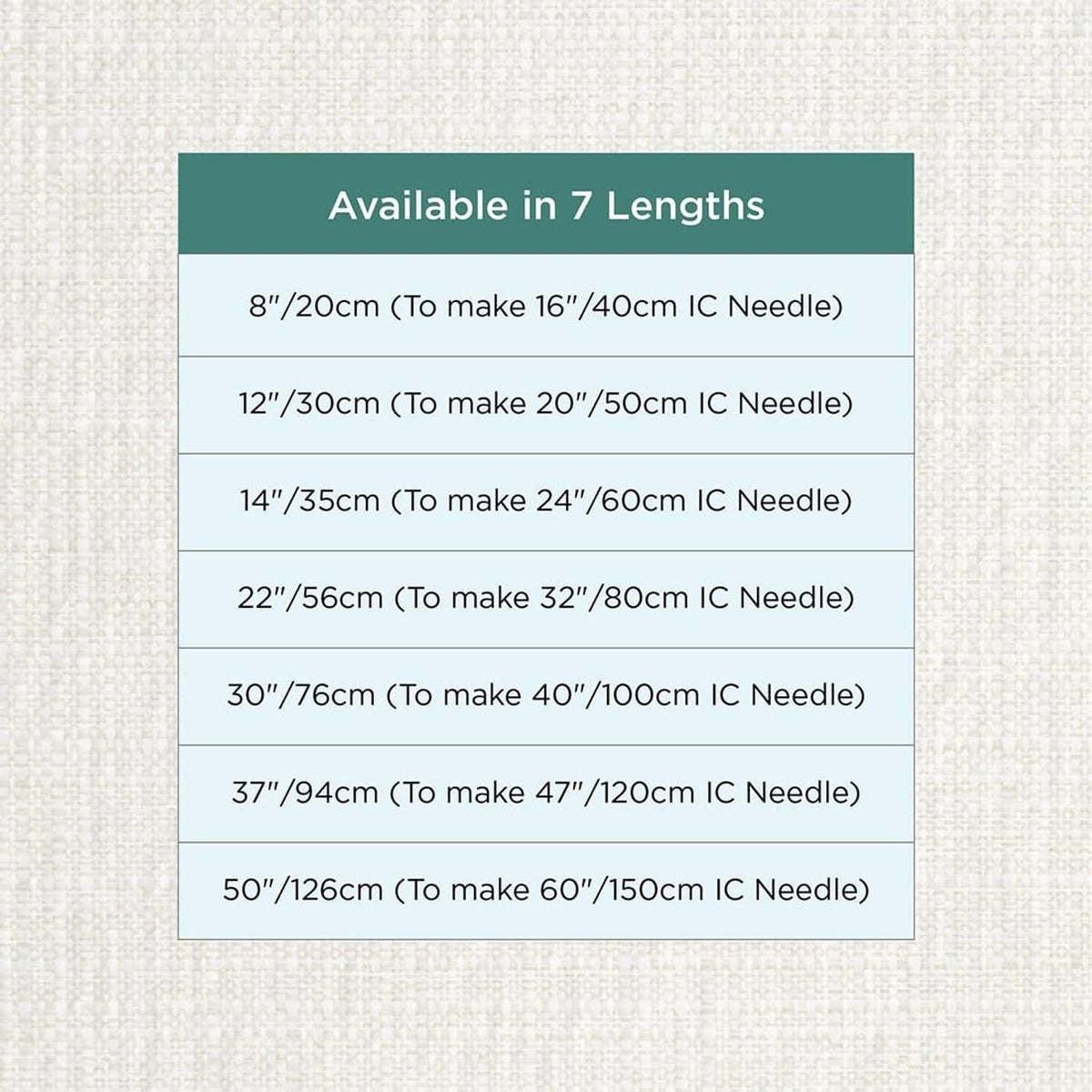 Available 360° swivel cable length options for interchangeable knitting needles