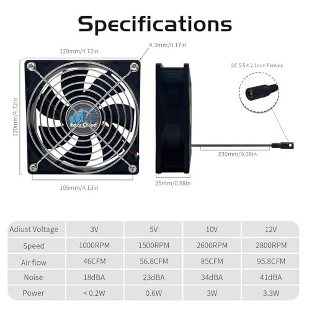 120mm computer fan size diagram with side dimensions and DC cable connector