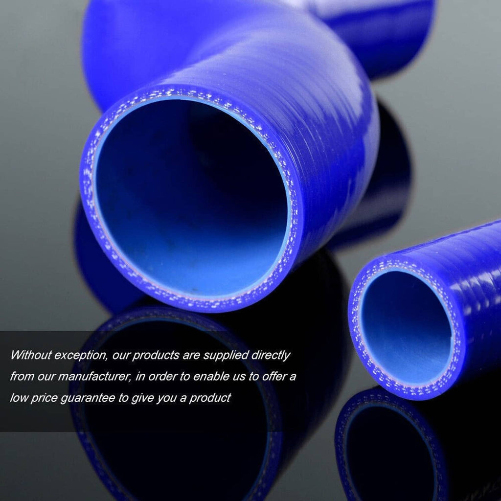 Close-up of blue silicone radiator hose openings with ribbed texture and metal ring edges.