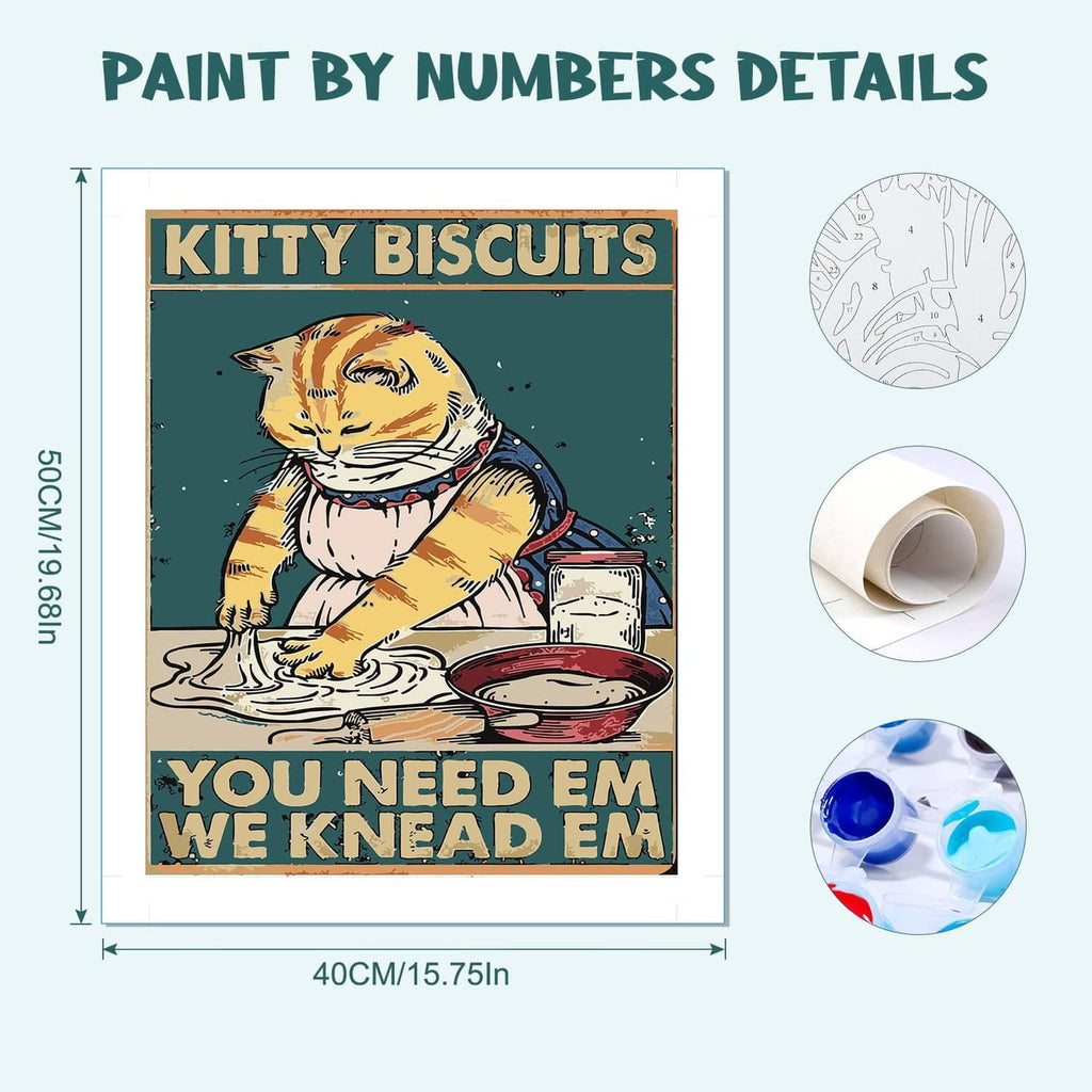 Cat paint-by-numbers canvas and supplies, with rolled canvas and paint color bottles