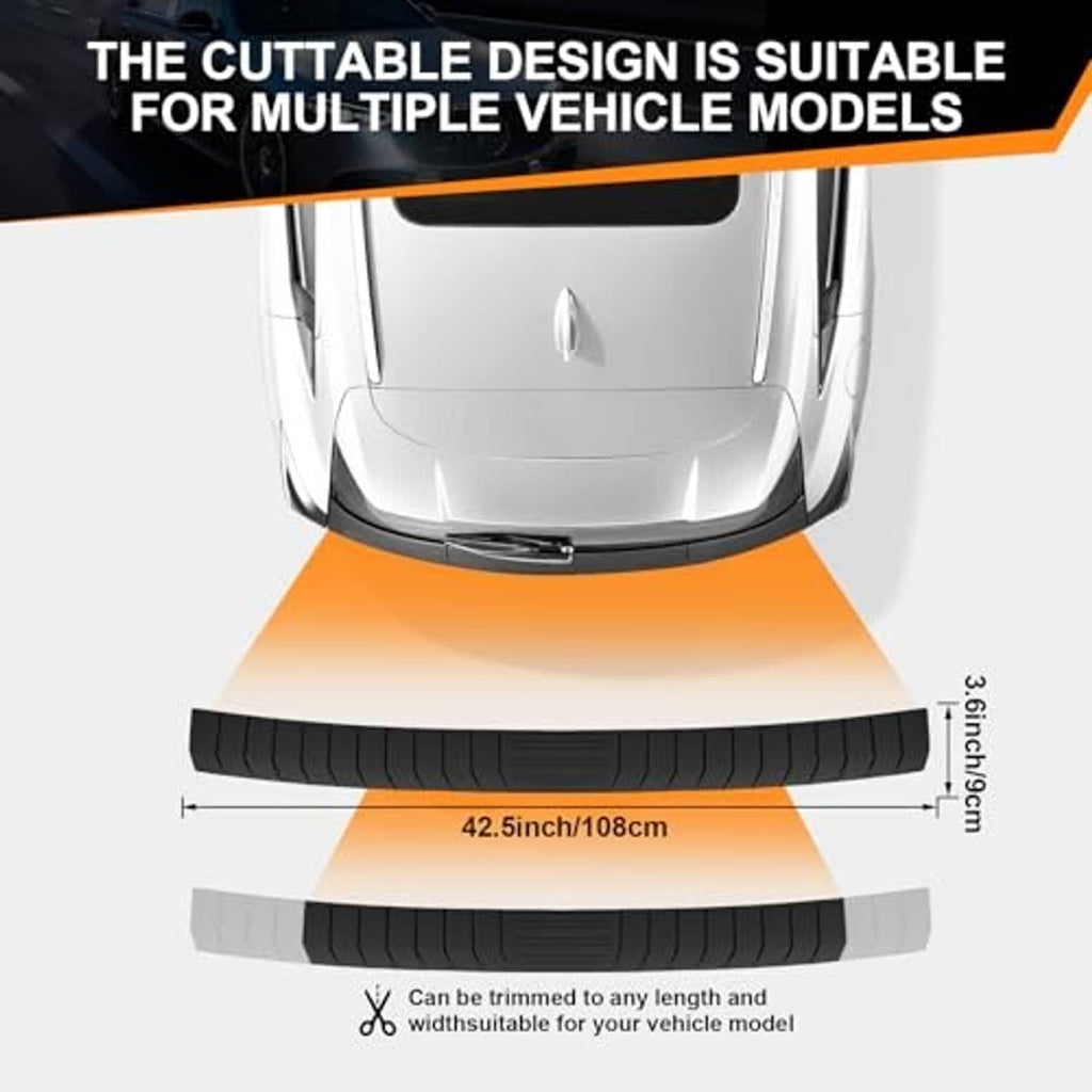 Car rear bumper protector, black textured strip with cut-to-fit length and width guides