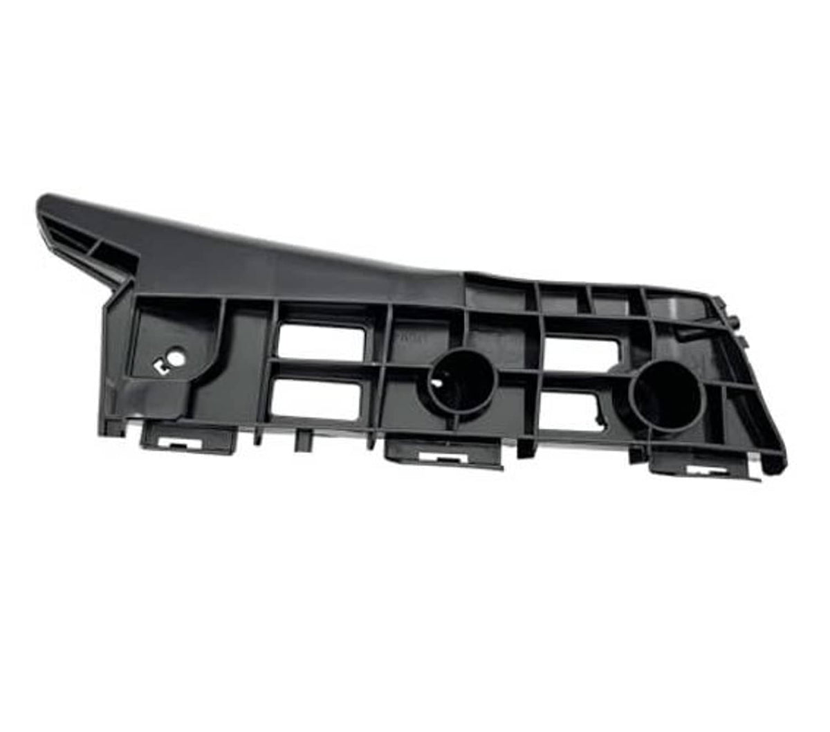Black right/passenger bumper bracket with grille-like slots and two round cutouts
