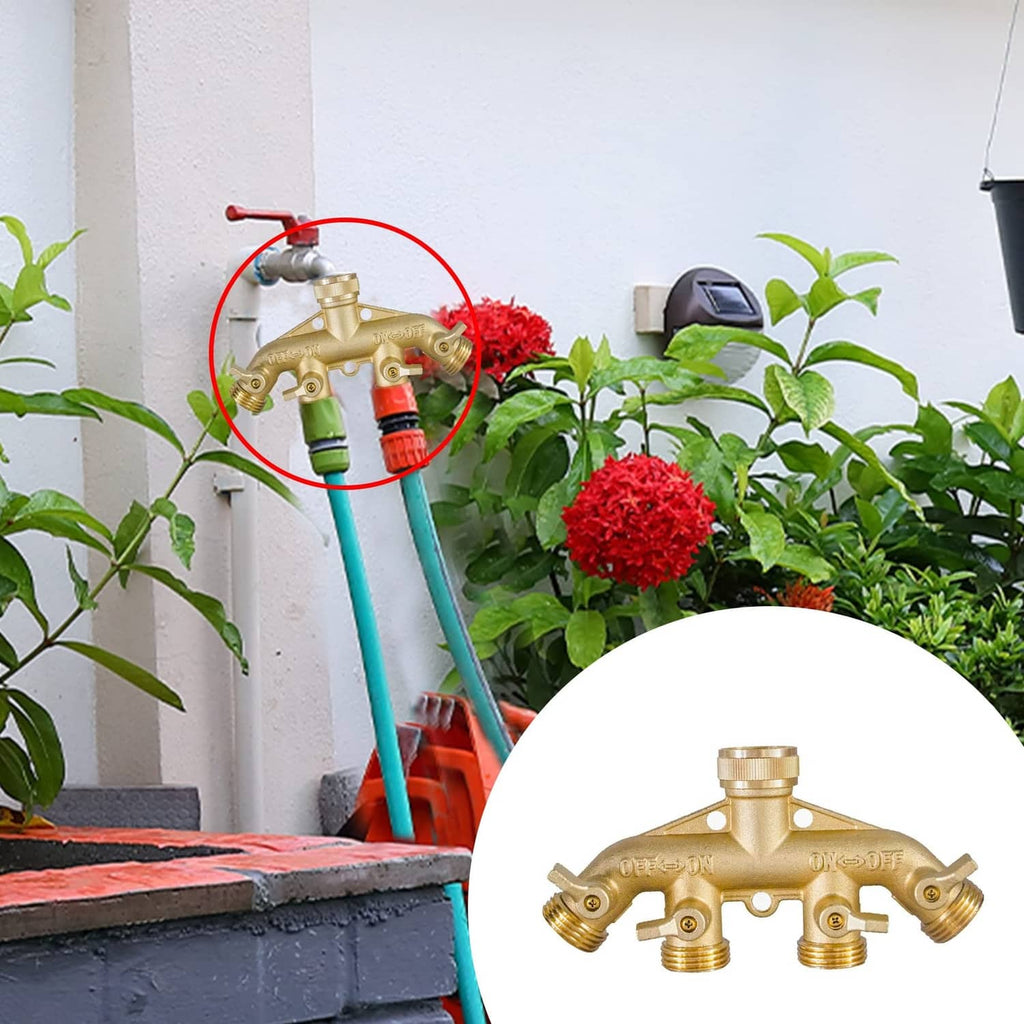 Brass 4-way hose splitter used on an outdoor faucet with multiple hose connections