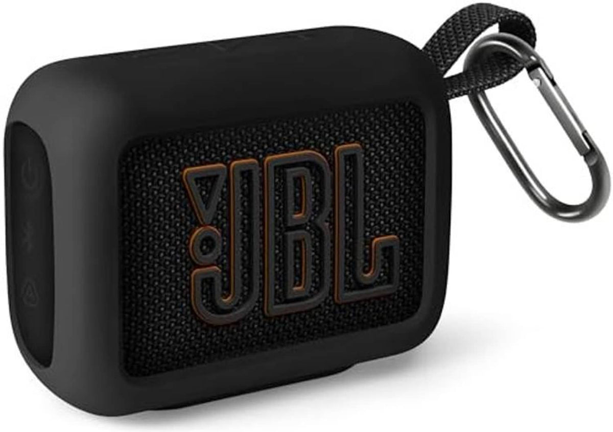 Black silicone speaker case cover with embossed JBL logo and attached strap