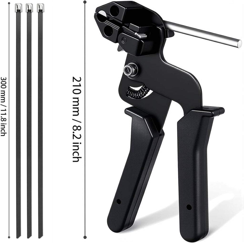 Black and silver cable tie gun tool holding several metal zip ties, side view with handle