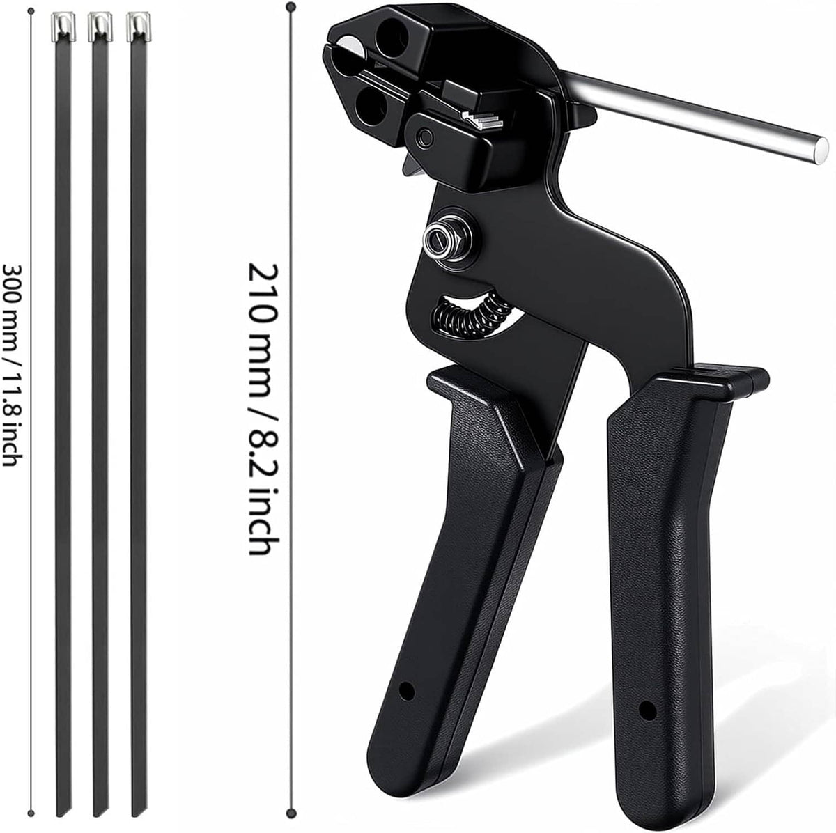 Black and silver cable tie gun tool holding several metal zip ties, side view with handle