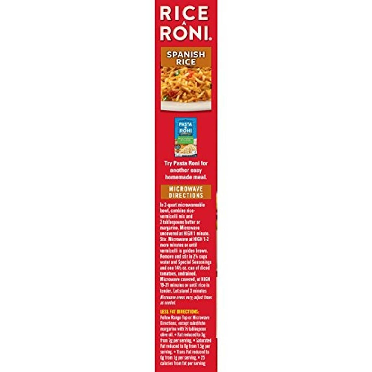 Rice-a-roni Spanish rice side panel box with microwave directions text