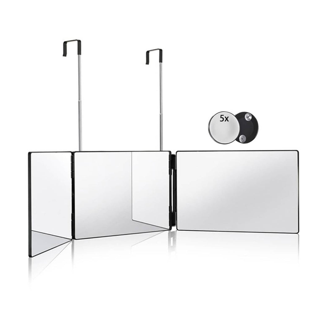 3-way trifold hair cutting mirror with black base and two adjustable support poles