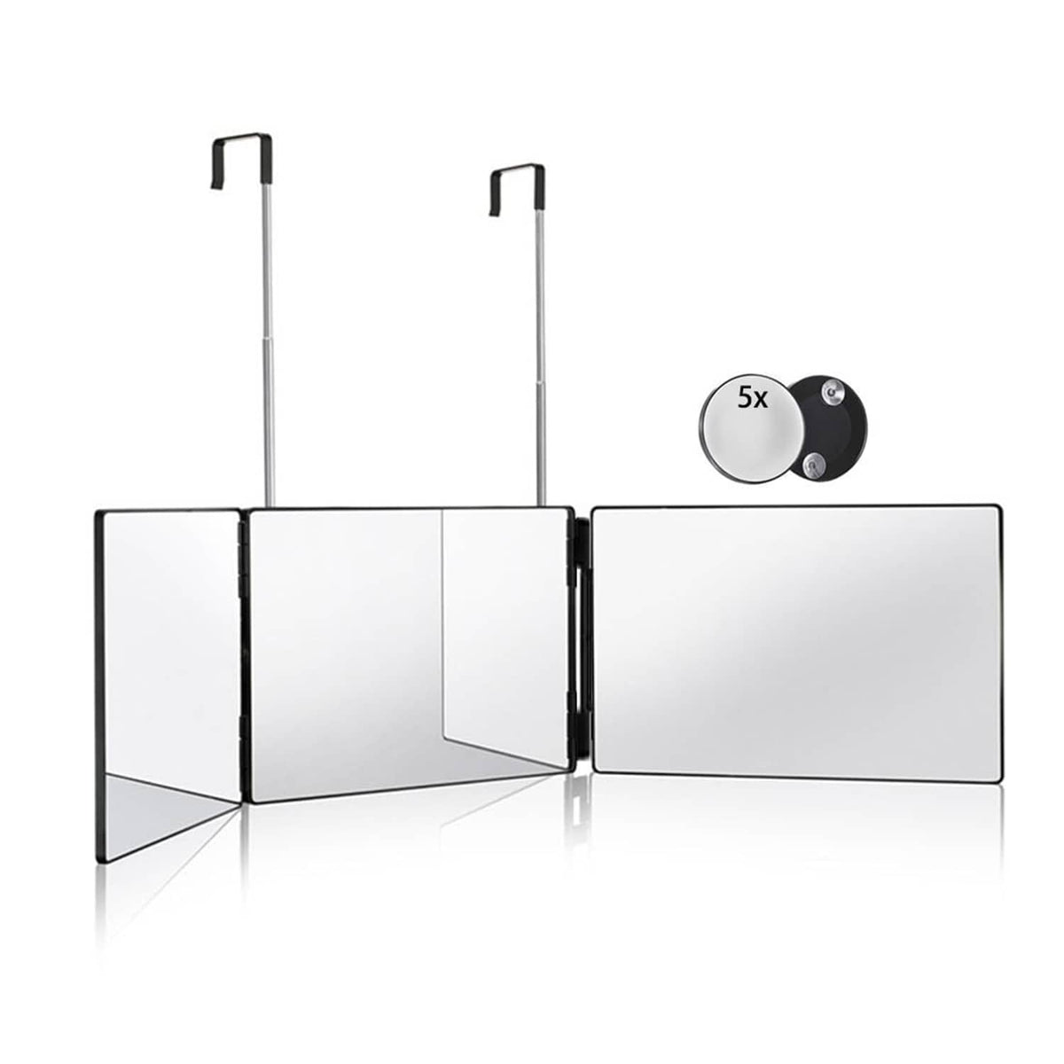 3-way trifold hair cutting mirror with black base and two adjustable support poles