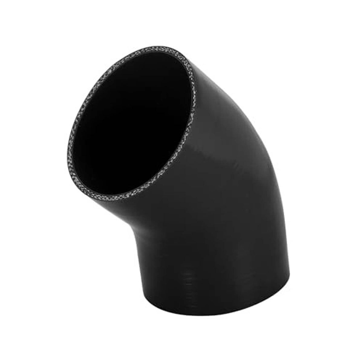 Black 45-degree silicone hose elbow coupler with textured outer edge