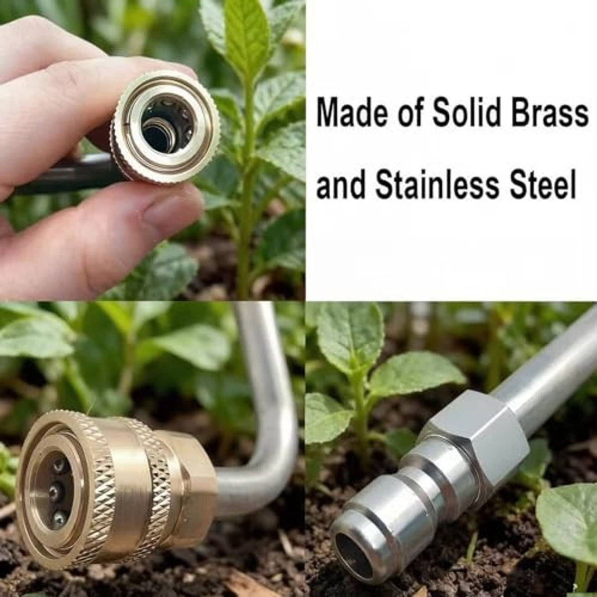 Handheld view of brass-and-stainless quick-connect nozzle attachment for pressure washer