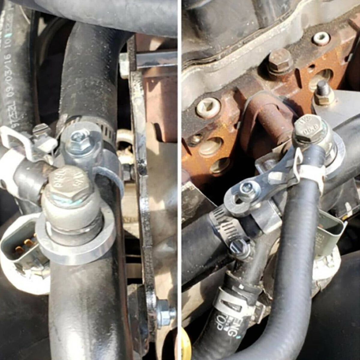Hose barb adapter and hose clamp installed on coolant line, silver metal