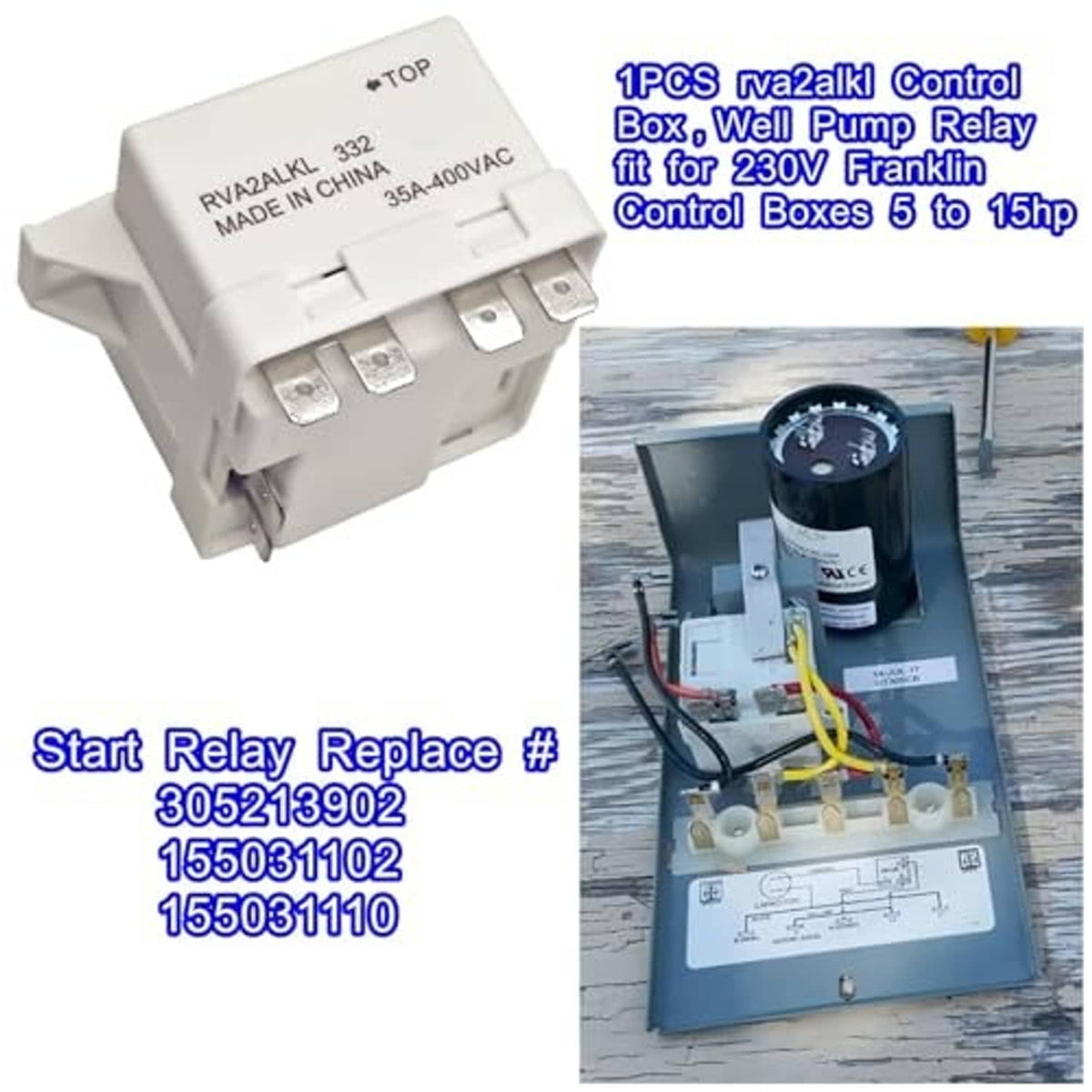 Well pump relay control box with top face, metal terminal blocks, and white casing.