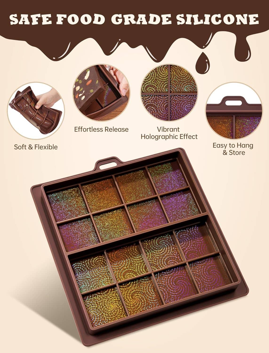 Dark brown silicone chocolate mold with holographic swirl cavities, easy to store design