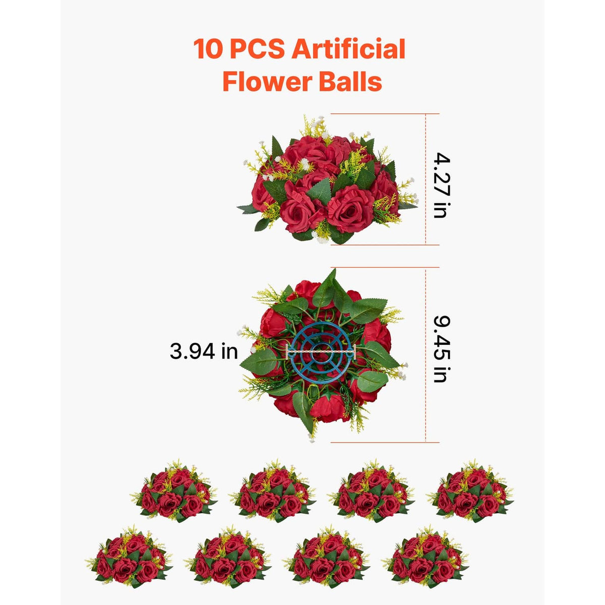 Set of 10 red artificial flower balls with rose petals and green leaves, size shown