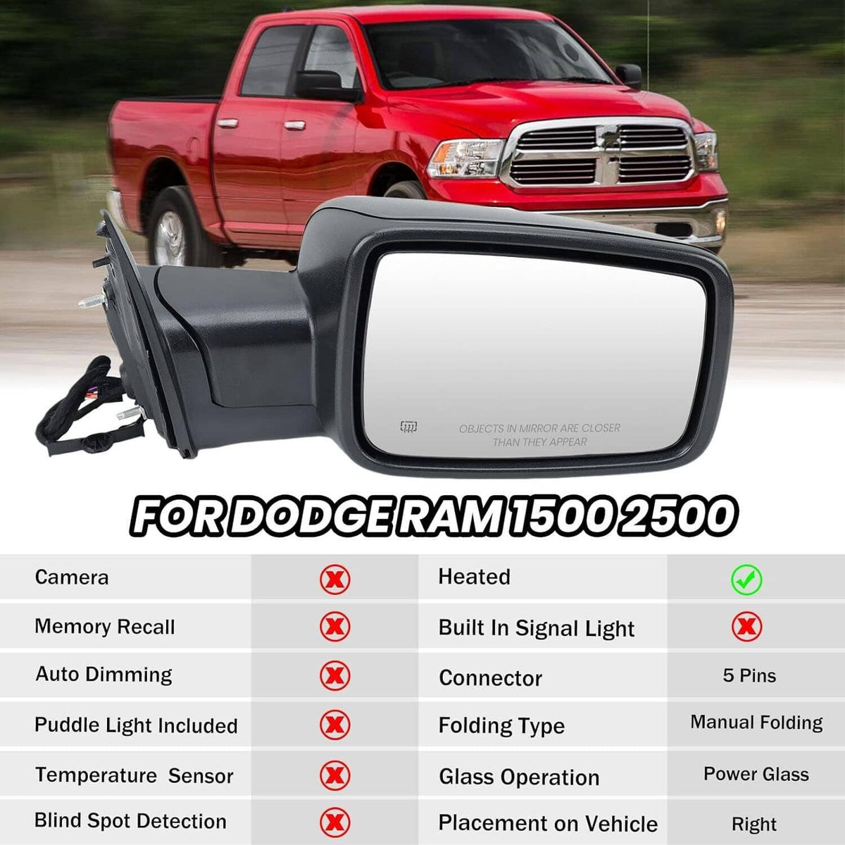 Black right passenger side mirror installed on pickup truck door