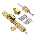 Brass A/C valve core remover installer tool with long shaft and included metal pins