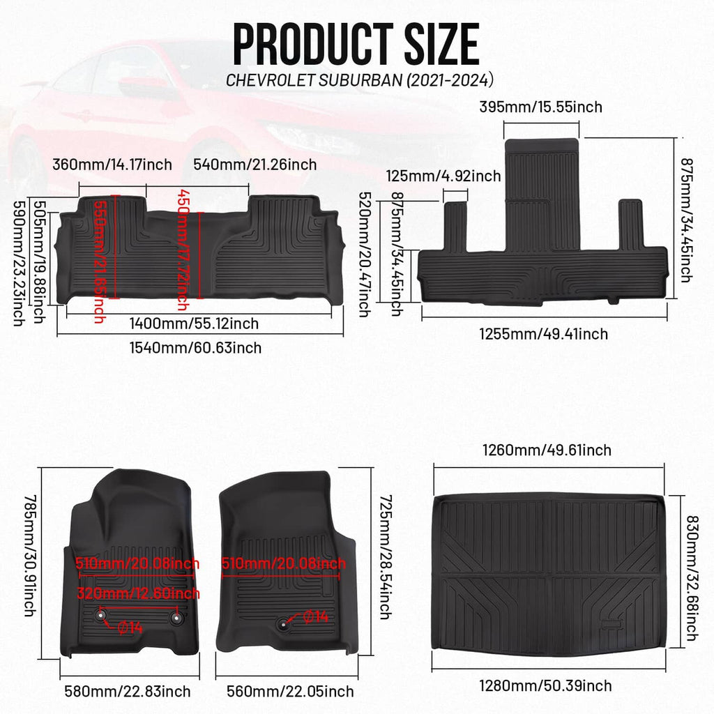 2nd-row bucket floor mat size diagram with labeled dimensions