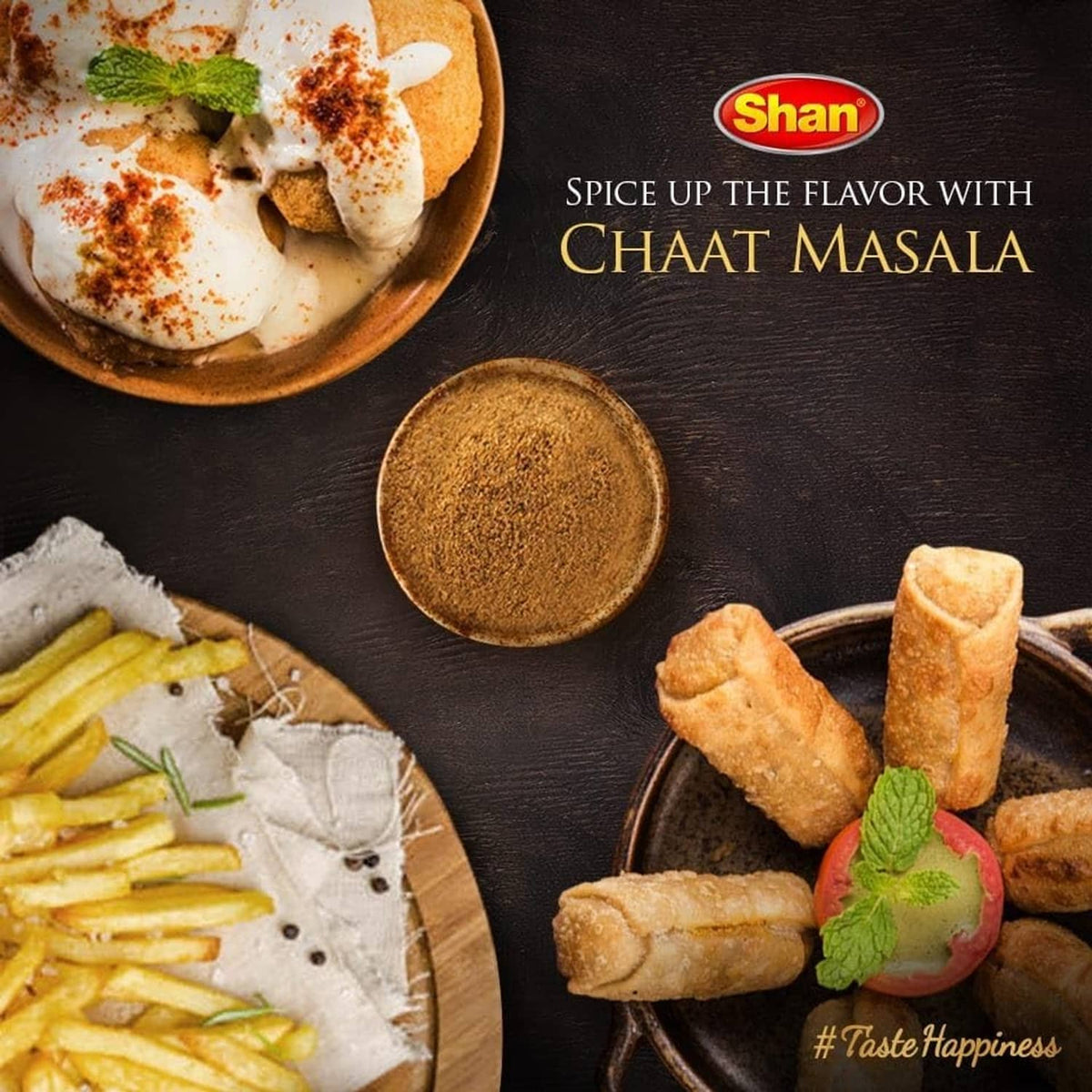 Shan Chaat Masala seasoning mix, food plate with ground spice portion promotional