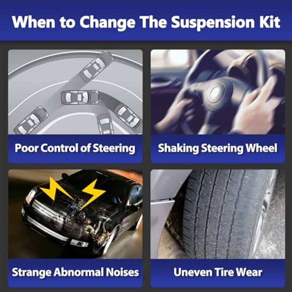 Suspension kit warning infographic with engine bay, tire wear, and steering shake